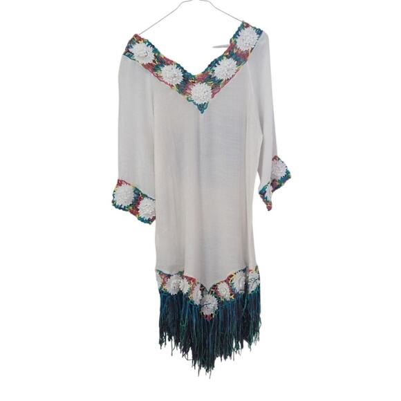 Hand-Crocheted Bikini Cover-Up – White with Rainbow Jamaican Yarn (Size Small) - Picture 3 of 4